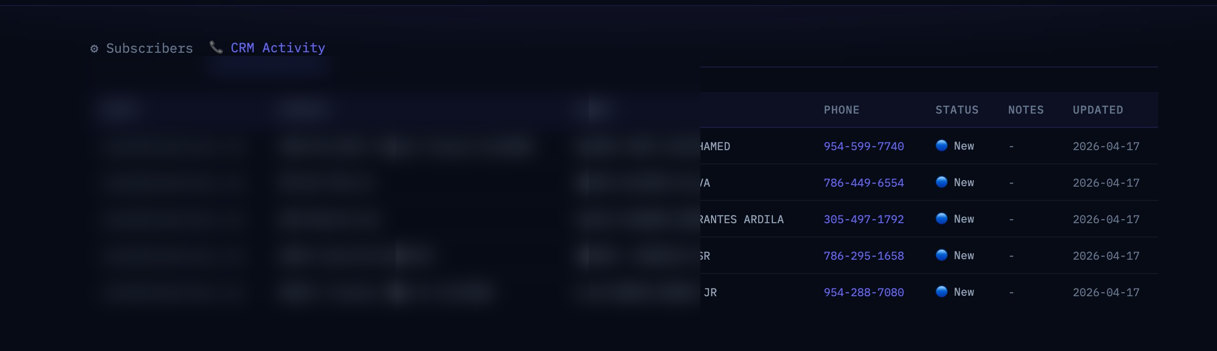 CosmicLeads admin CRM activity view